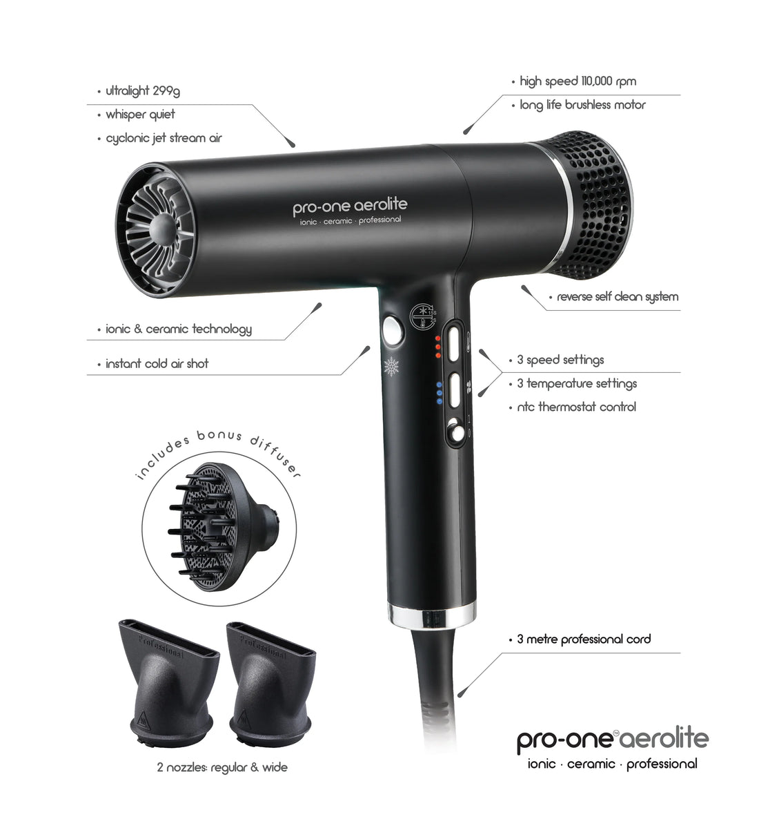 Pro-One Aerolite Hair Dryer Black