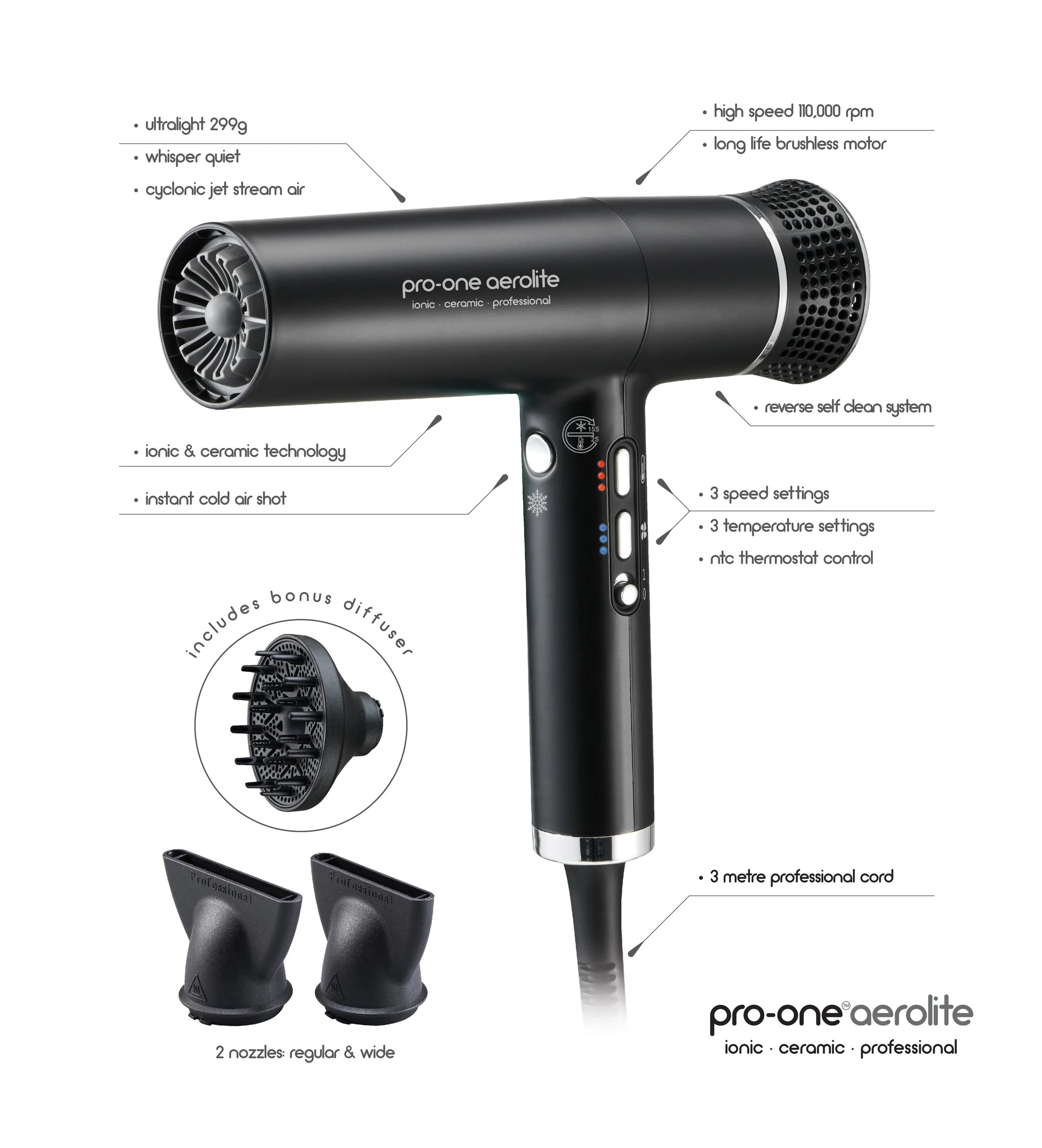 Pro-One Aerolite Hair Dryer Black