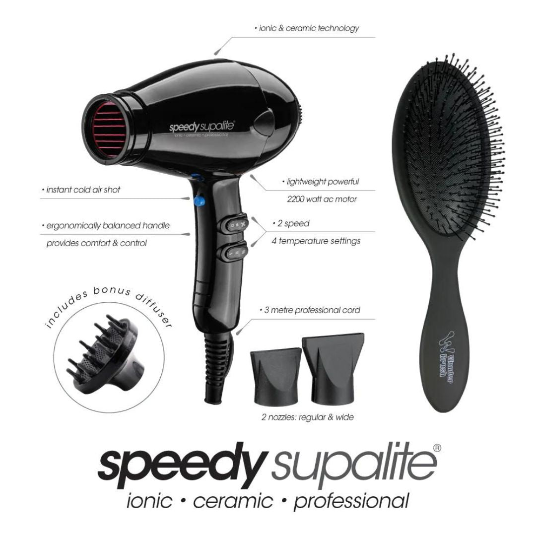 Speedy Supalite Ceramic Hair Dryer & Brush Pack Black